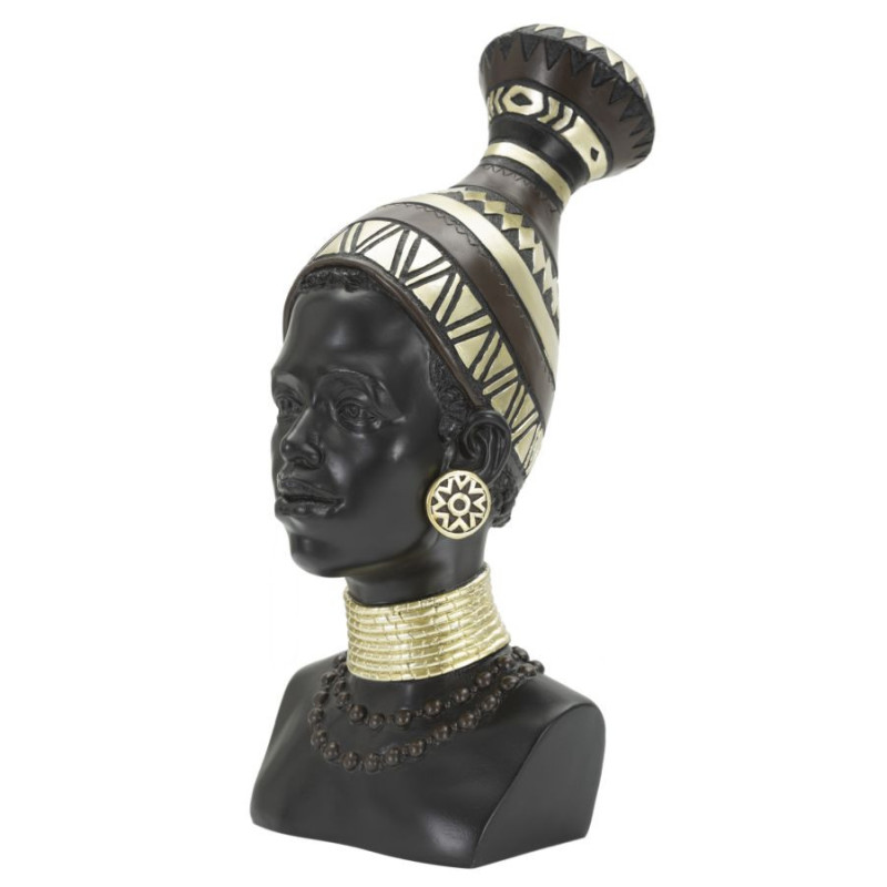 Statuette déco Buste Femme Maasaï Hauteur 38 cm en Résine Noir Doré Nelra 