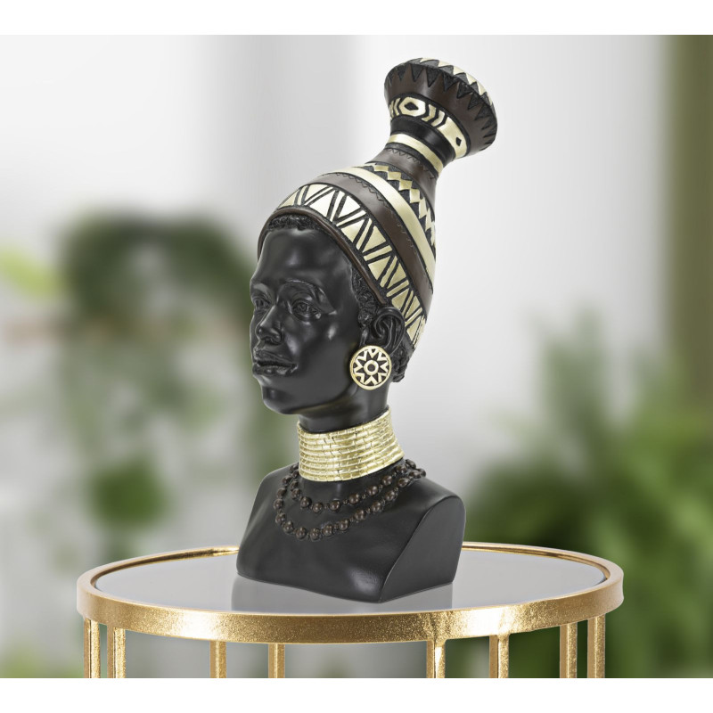 Statuette déco Buste Femme Maasaï Hauteur 38 cm en Résine Noir Doré Nelra 