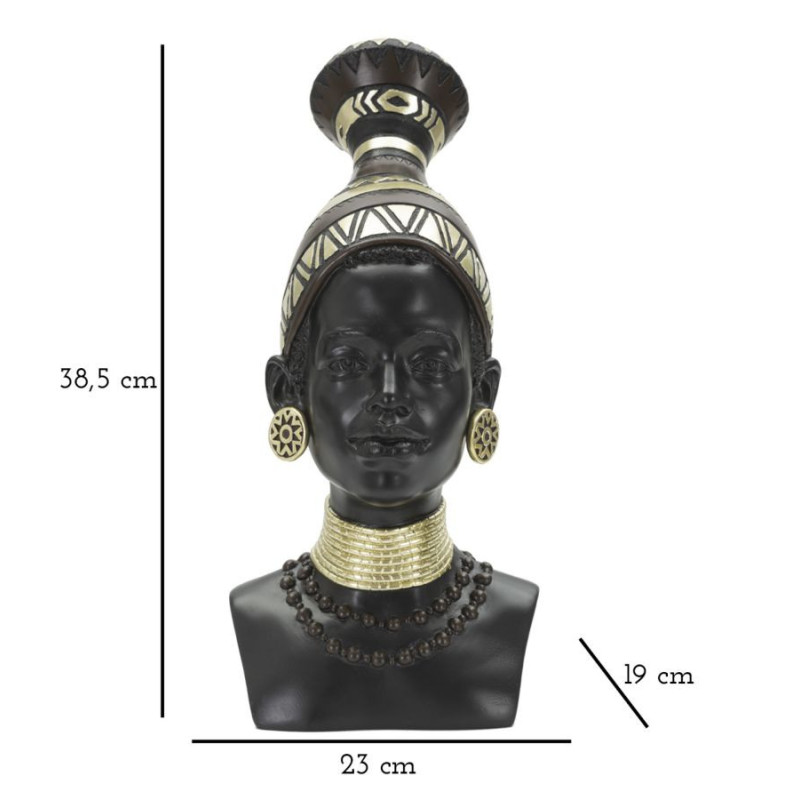 Statuette déco Buste Femme Maasaï Hauteur 38 cm en Résine Noir Doré Nelra 