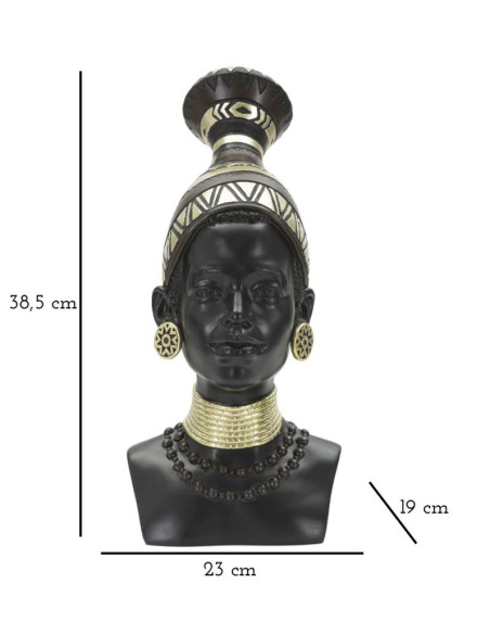 Statuette déco Buste Femme Maasaï Hauteur 38 cm en Résine Noir Doré Nelra 