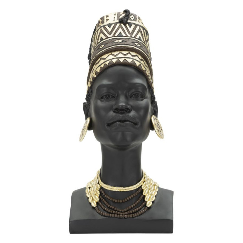 Statuette déco Buste Femme Maasaï Hauteur 45 cm en Résine Noir Doré Zelya 