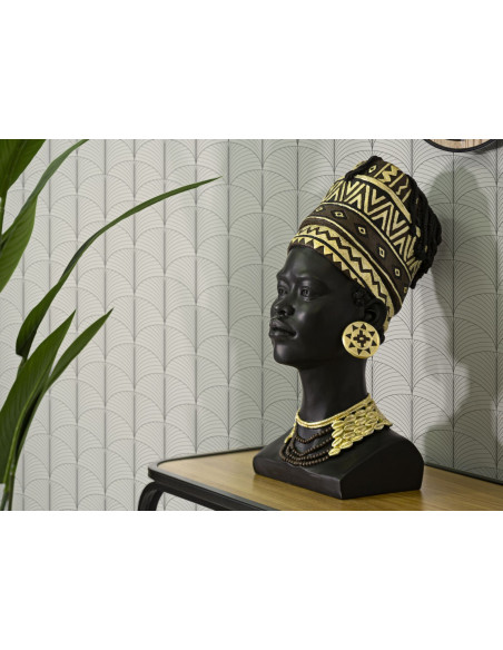 Statuette déco Buste Femme Maasaï Hauteur 45 cm en Résine Noir Doré Zelya 