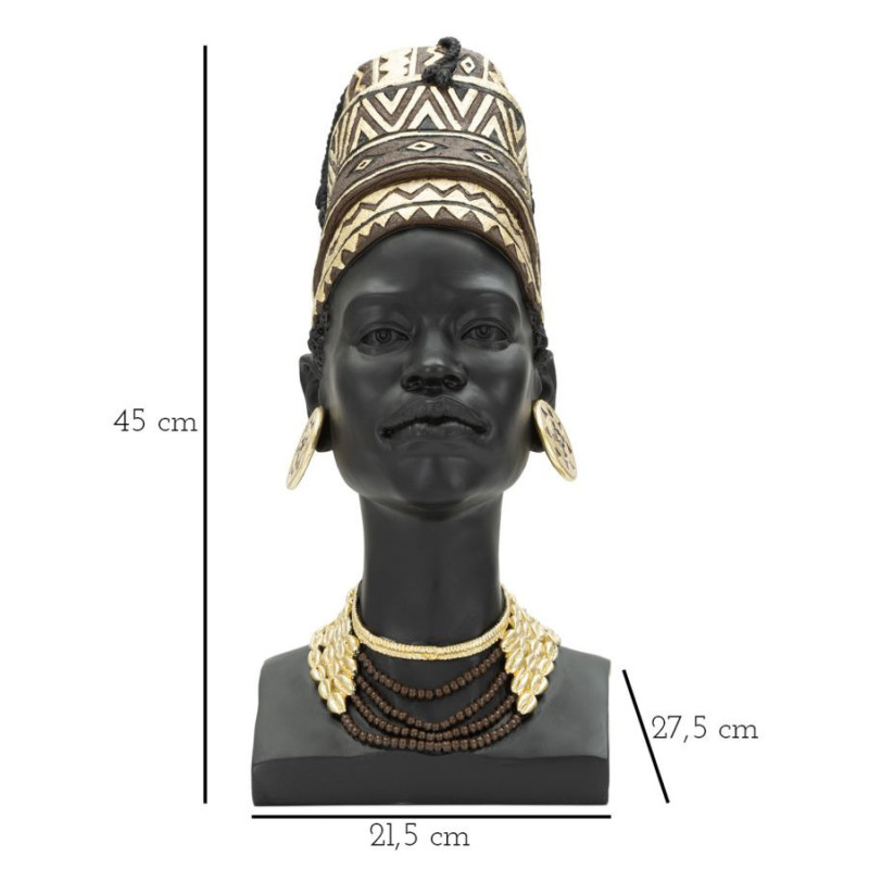 Statuette déco Buste Femme Maasaï Hauteur 45 cm en Résine Noir Doré Zelya 