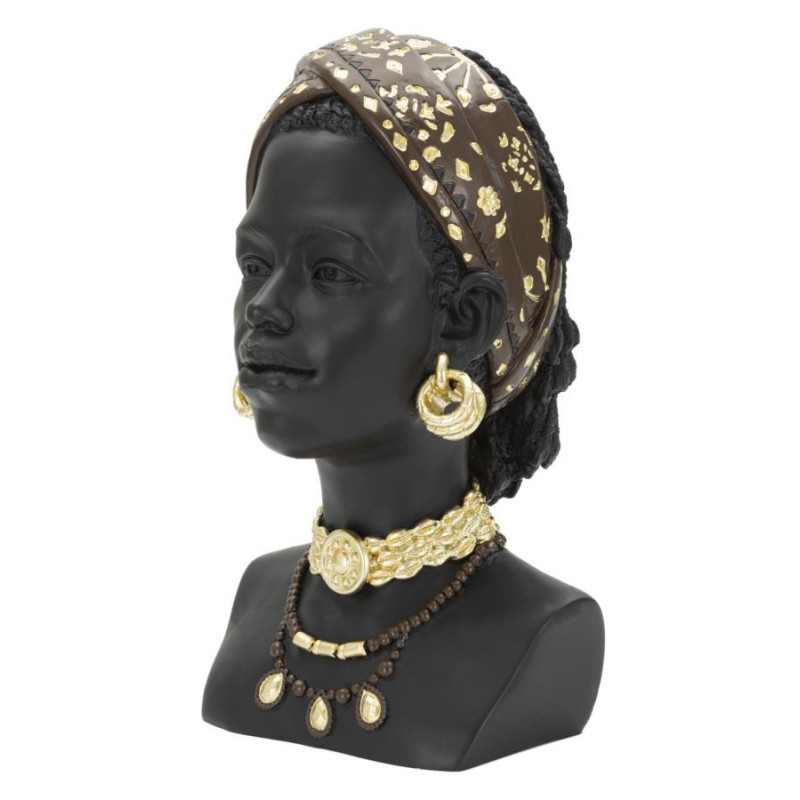Statuette déco Buste Femme Maasaï Hauteur 30 cm en Résine Noir Doré Yaran 