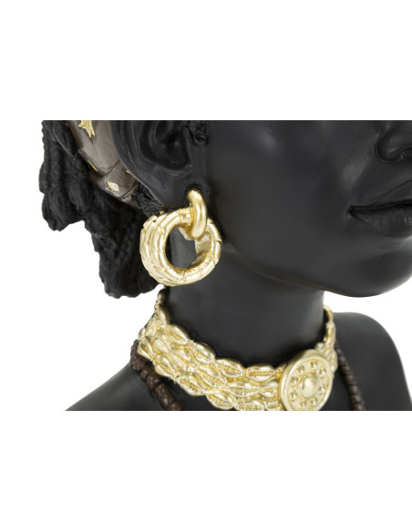 Statuette déco Buste Femme Maasaï Hauteur 30 cm en Résine Noir Doré Yaran 