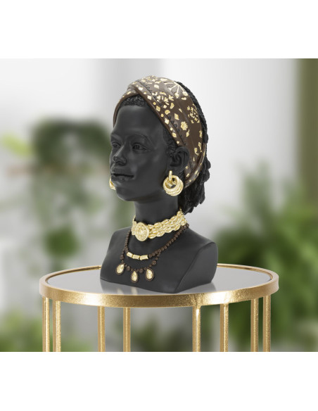 Statuette déco Buste Femme Maasaï Hauteur 30 cm en Résine Noir Doré Yaran 