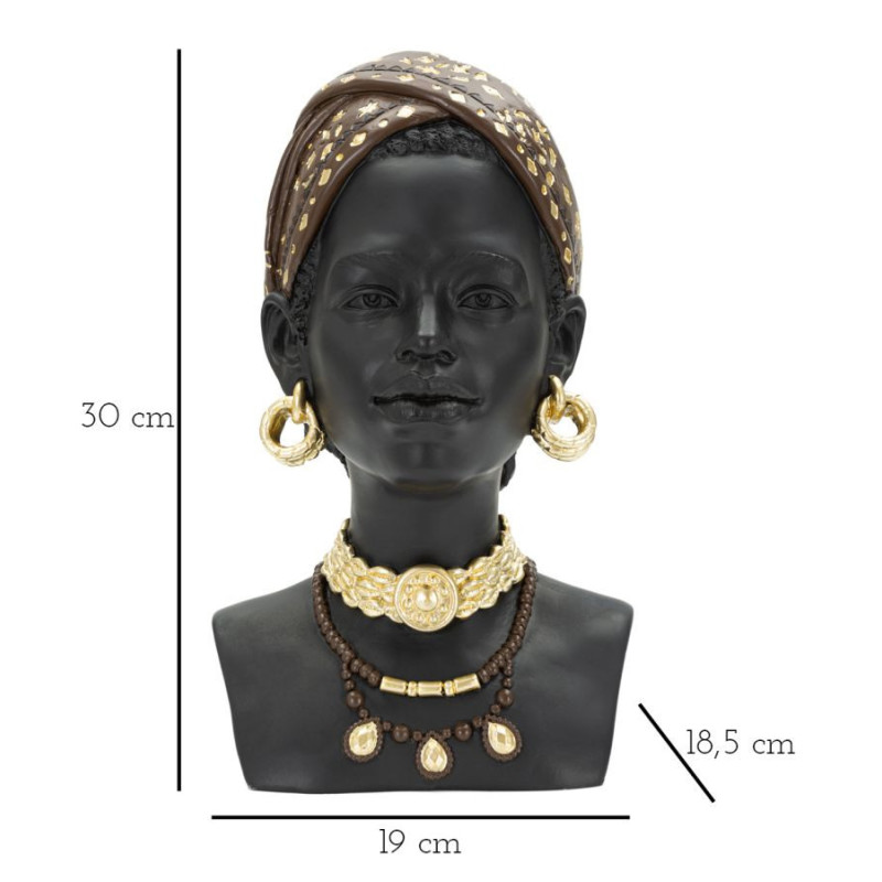 Statuette déco Buste Femme Maasaï Hauteur 30 cm en Résine Noir Doré Yaran 