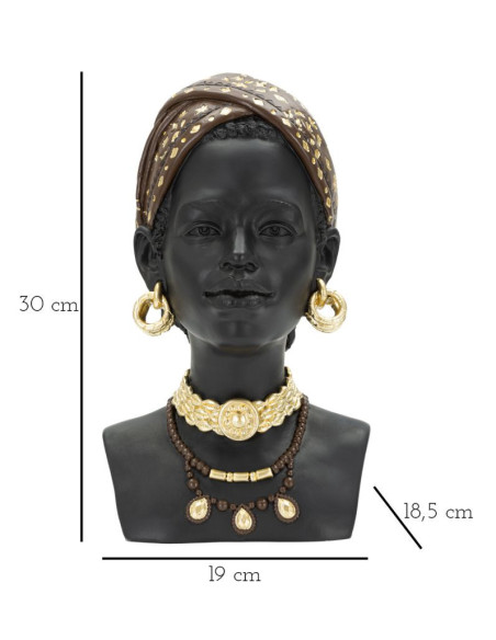 Statuette déco Buste Femme Maasaï Hauteur 30 cm en Résine Noir Doré Yaran 