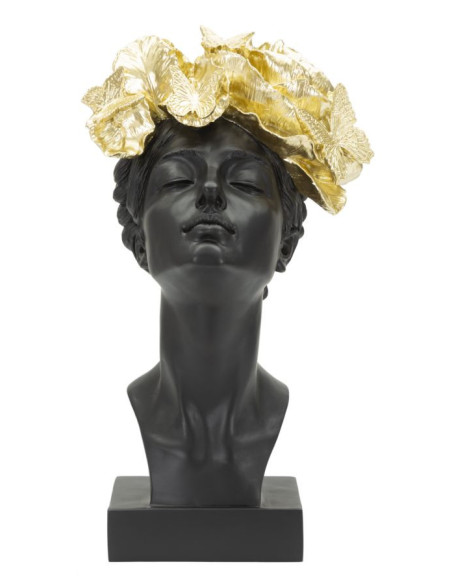 Statuette déco Buste Femme avec fleurs Hauteur 36 cm en Résine Noir Doré Velis 