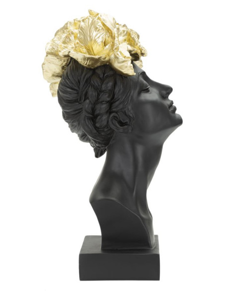 Statuette déco Buste Femme avec fleurs Hauteur 36 cm en Résine Noir Doré Velis 