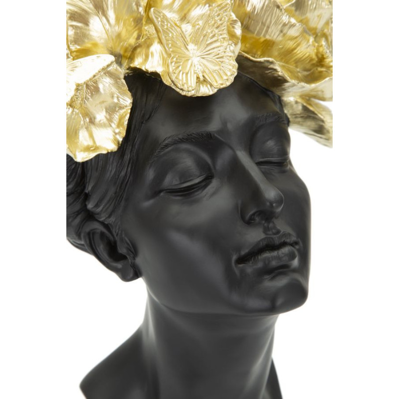 Statuette déco Buste Femme avec fleurs Hauteur 36 cm en Résine Noir Doré Velis 
