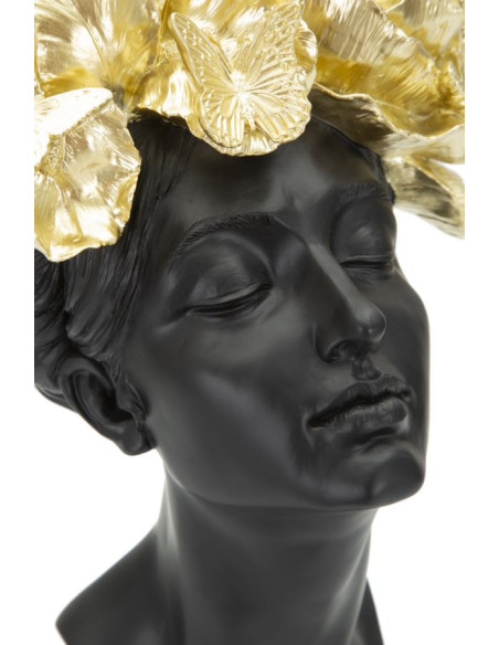 Statuette déco Buste Femme avec fleurs Hauteur 36 cm en Résine Noir Doré Velis 