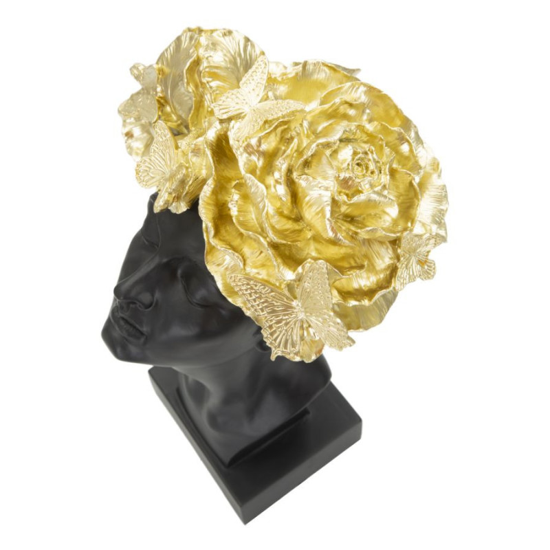 Statuette déco Buste Femme avec fleurs Hauteur 36 cm en Résine Noir Doré Velis 