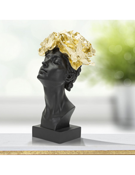 Statuette déco Buste Femme avec fleurs Hauteur 36 cm en Résine Noir Doré Velis 