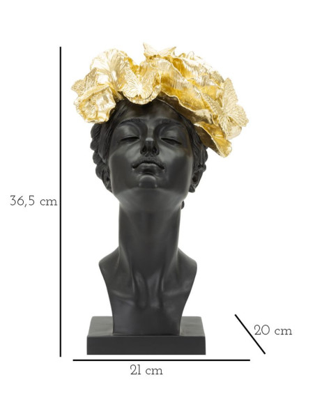 Statuette déco Buste Femme avec fleurs Hauteur 36 cm en Résine Noir Doré Velis 