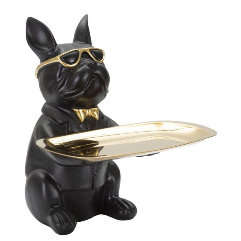 Vide poche original Chien Bulldog avec plateau Hauteur 23 cm en Résine Noir Doré Yolin 