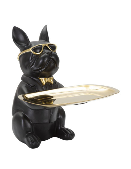 Vide poche original Chien Bulldog avec plateau Hauteur 23 cm en Résine Noir Doré Yolin 