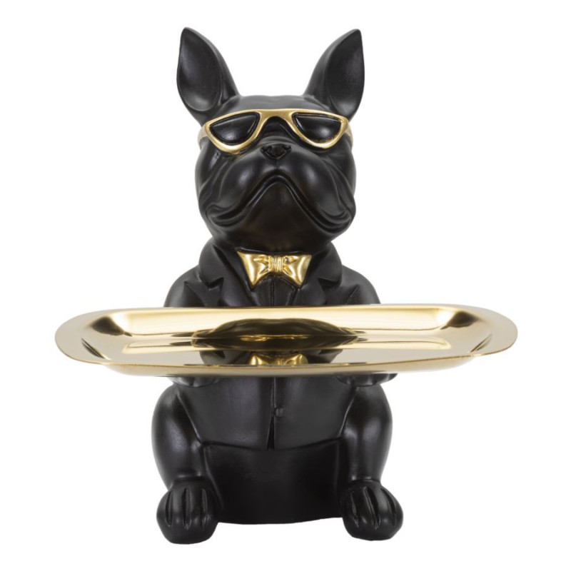 Vide poche original Chien Bulldog avec plateau Hauteur 23 cm en Résine Noir Doré Yolin 
