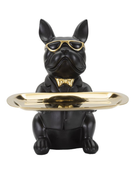 Vide poche original Chien Bulldog avec plateau Hauteur 23 cm en Résine Noir Doré Yolin 