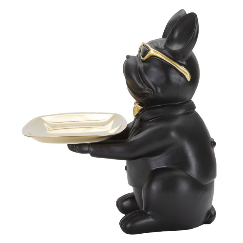 Vide poche original Chien Bulldog avec plateau Hauteur 23 cm en Résine Noir Doré Yolin 