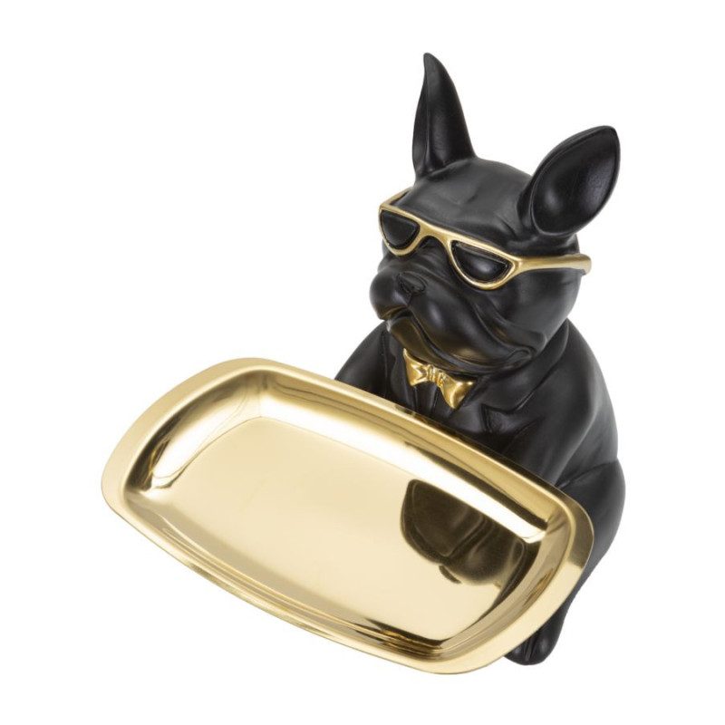 Vide poche original Chien Bulldog avec plateau Hauteur 23 cm en Résine Noir Doré Yolin 