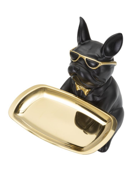 Vide poche original Chien Bulldog avec plateau Hauteur 23 cm en Résine Noir Doré Yolin 