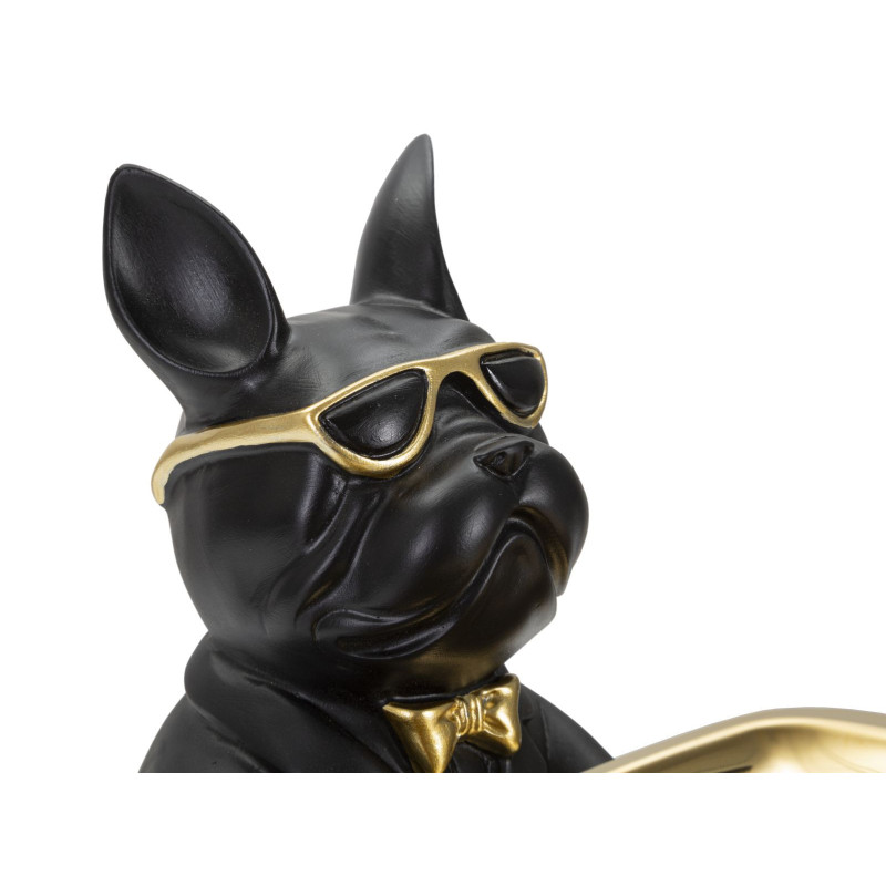 Vide poche original Chien Bulldog avec plateau Hauteur 23 cm en Résine Noir Doré Yolin 