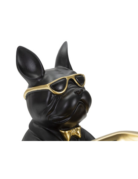 Vide poche original Chien Bulldog avec plateau Hauteur 23 cm en Résine Noir Doré Yolin 