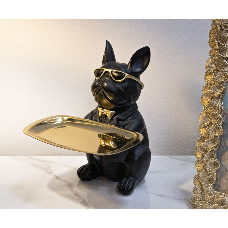 Vide poche original Chien Bulldog avec plateau Hauteur 23 cm en Résine Noir Doré Yolin 