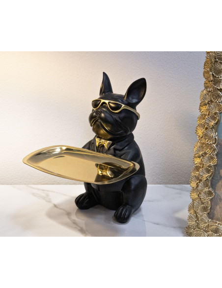 Vide poche original Chien Bulldog avec plateau Hauteur 23 cm en Résine Noir Doré Yolin 