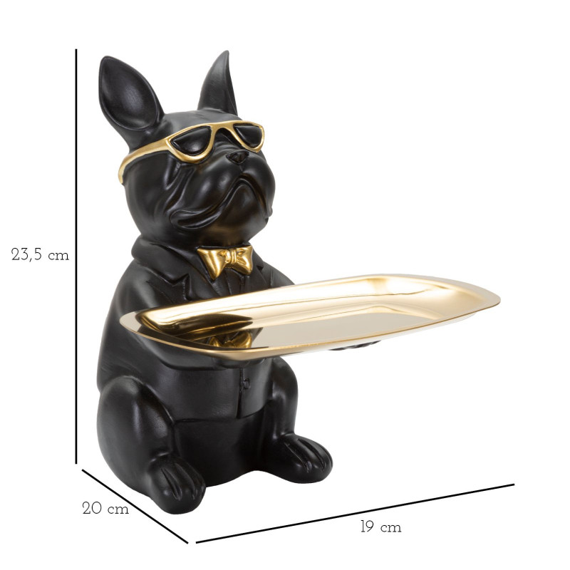 Vide poche original Chien Bulldog avec plateau Hauteur 23 cm en Résine Noir Doré Yolin 
