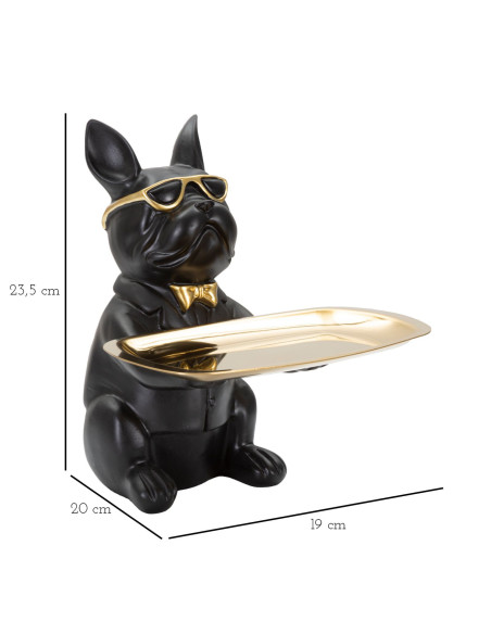 Vide poche original Chien Bulldog avec plateau Hauteur 23 cm en Résine Noir Doré Yolin 