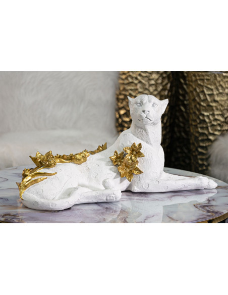 Grande statuette déco Léopard 53 cm en Résine Blanc Doré Halor 