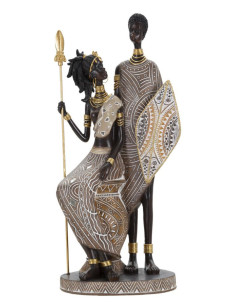 Statuette déco africaine Couple Maasaï Hauteur 38 cm en Résine Beige Marron Tribal 