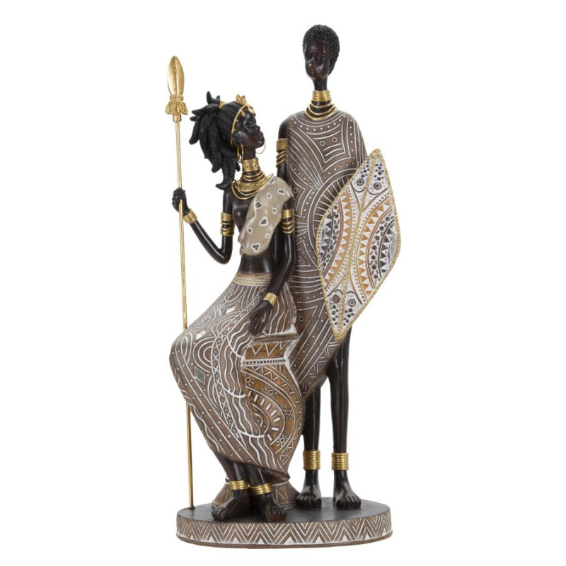 Statuette déco africaine Couple Maasaï Hauteur 38 cm en Résine Beige Marron Tribal 
