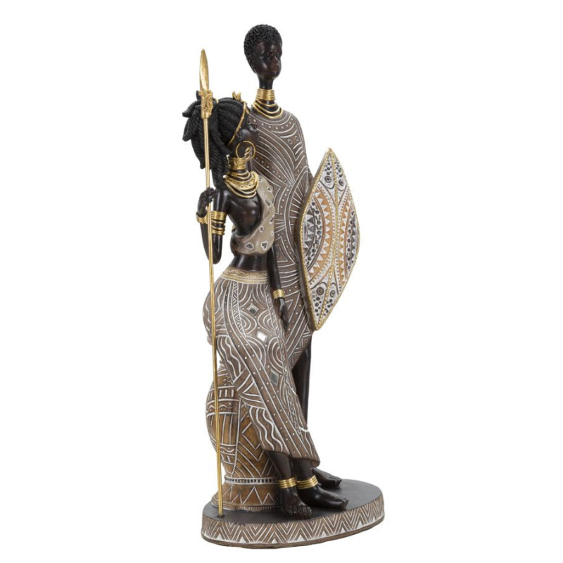 Statuette déco africaine Couple Maasaï Hauteur 38 cm en Résine Beige Marron Tribal 