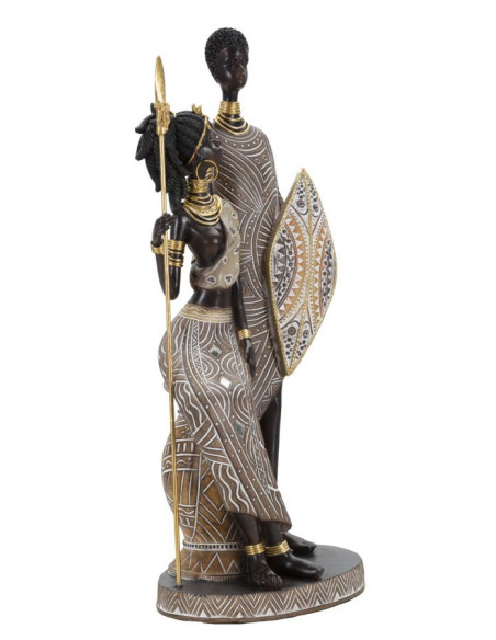 Statuette déco africaine Couple Maasaï Hauteur 38 cm en Résine Beige Marron Tribal 