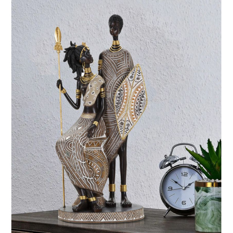 Statuette déco africaine Couple Maasaï Hauteur 38 cm en Résine Beige Marron Tribal 