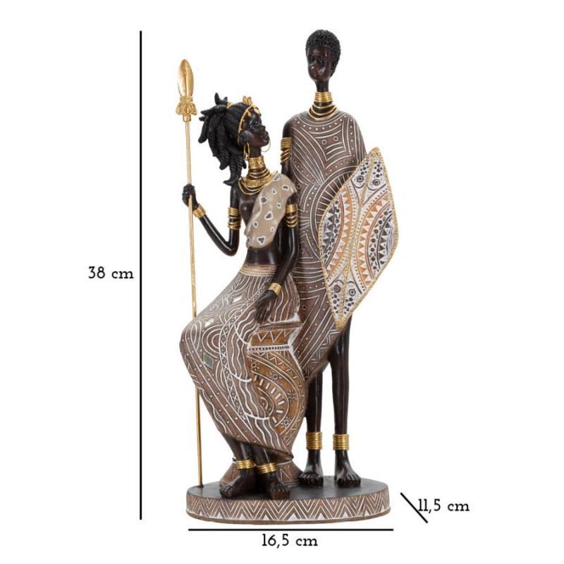 Statuette déco africaine Couple Maasaï Hauteur 38 cm en Résine Beige Marron Tribal 