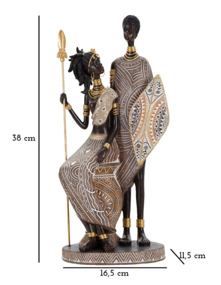 Statuette déco africaine Couple Maasaï Hauteur 38 cm en Résine Beige Marron Tribal 