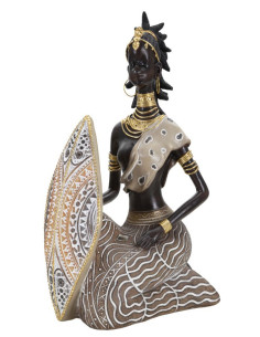 Statuette déco africaine Femme Maasaï Hauteur 24 cm en Résine Beige Marron Tribal 