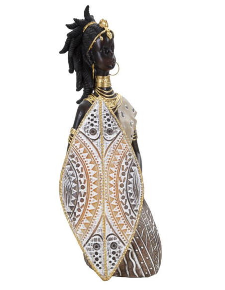 Statuette déco africaine Femme Maasaï Hauteur 24 cm en Résine Beige Marron Tribal 
