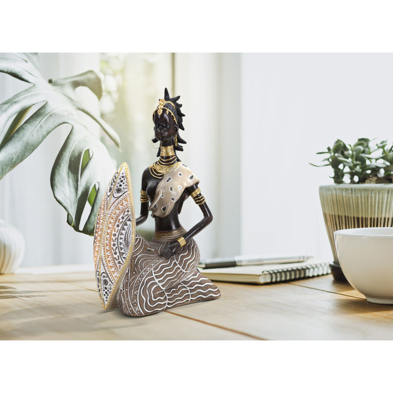Statuette déco africaine Femme Maasaï Hauteur 24 cm en Résine Beige Marron Tribal 