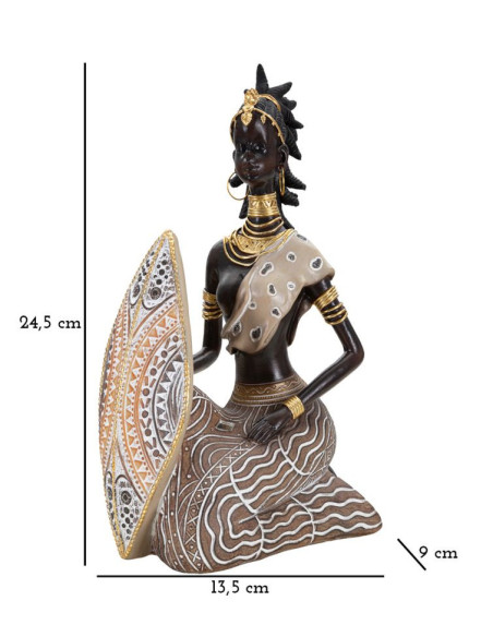 Statuette déco africaine Femme Maasaï Hauteur 24 cm en Résine Beige Marron Tribal 