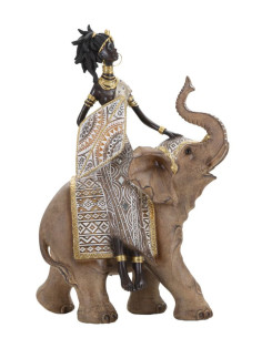 Statuette déco africaine Femme Maasaï sur éléphant Hauteur 32 cm en Résine Beige Marron Tribal 