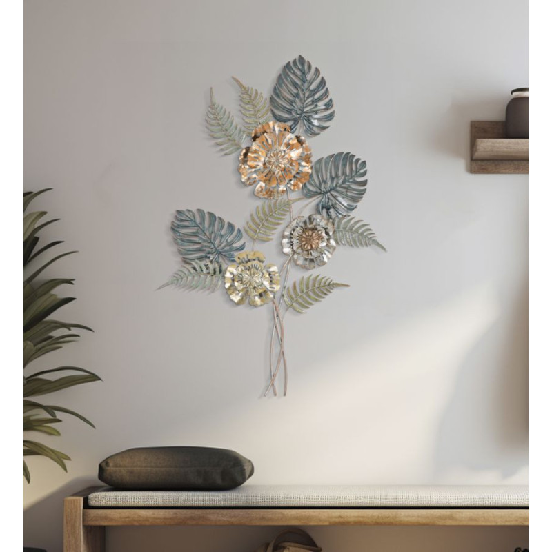 Grande Déco murale moderne Bouquet de fleurs 66x98 en Métal Doré Cuivré Bleu Nelya 