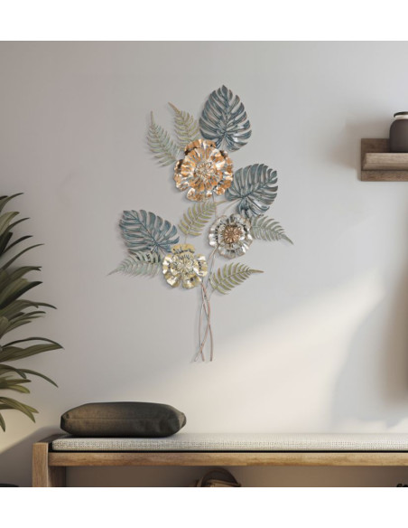 Grande Déco murale moderne Bouquet de fleurs 66x98 en Métal Doré Cuivré Bleu Nelya 