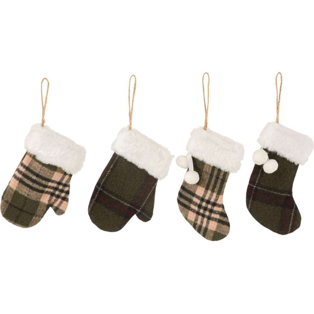 Suspension de Noël Gant en Polyester Vert Motif carreaux (Lot de 4) - 1