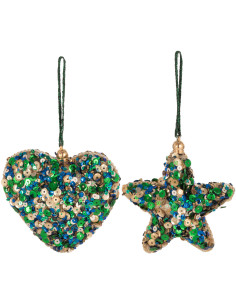 Suspension de Noël Coeur & Étoile en Plastique Vert Doré Avec sequins (Lot de 2) - 1