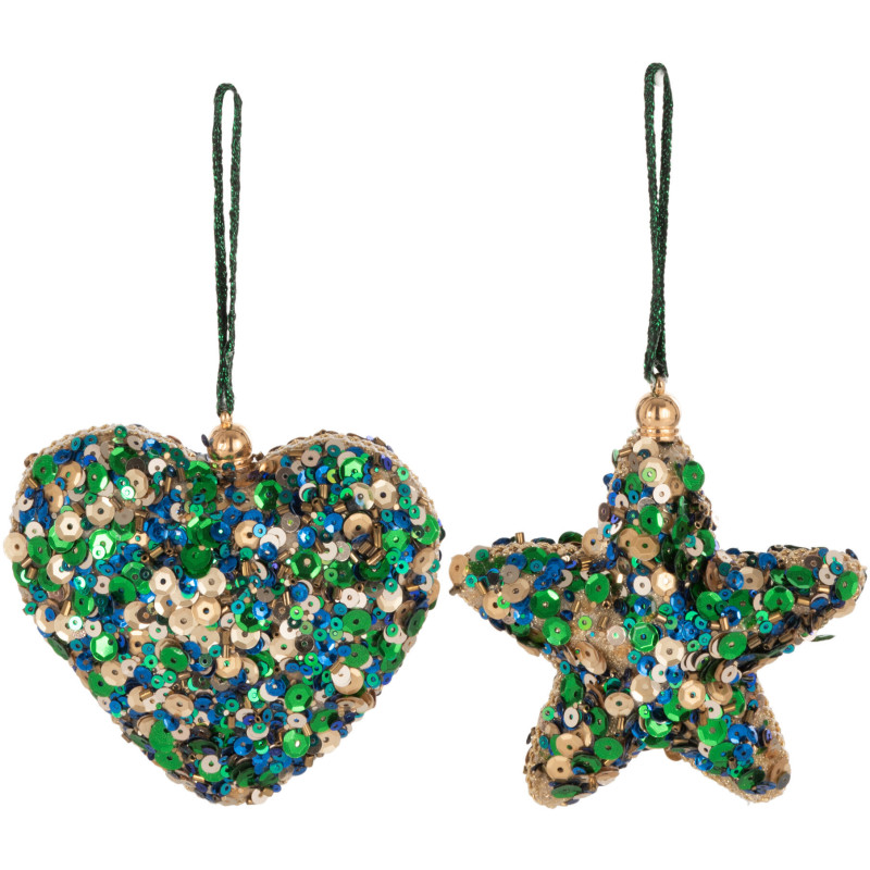 Suspension de Noël Coeur & Étoile en Plastique Vert Doré Avec sequins (Lot de 2) - 1
